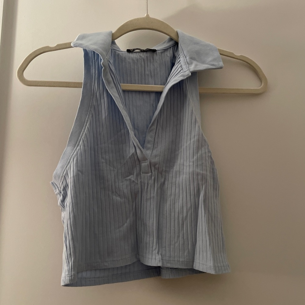 NWOT - ZARA baby blue crop tank top with collar (never worn) / size L